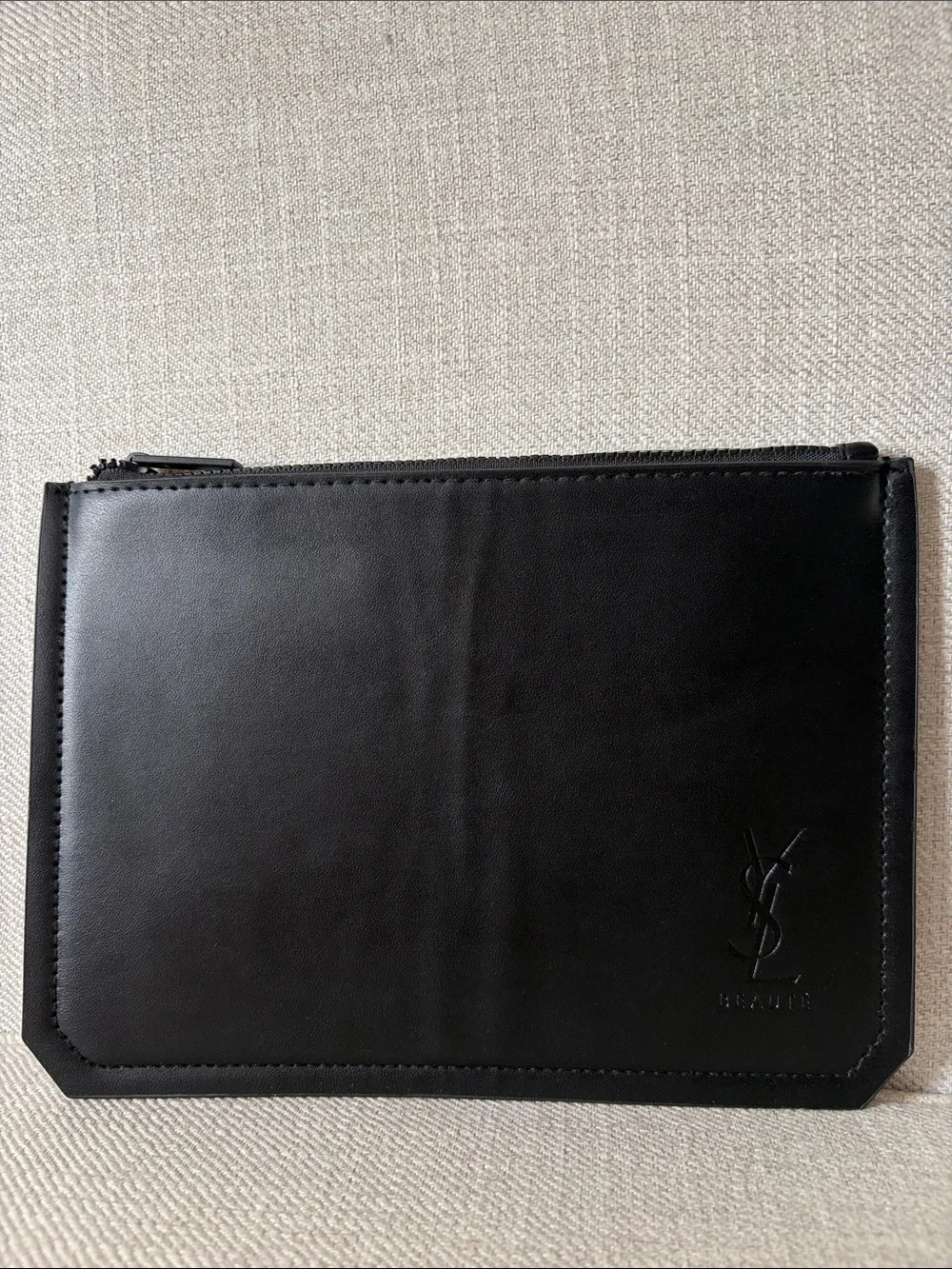 Yves Saint Laurent Beaute Black Faux Leather Makeup Bag Clutch Embossed Logo YSL